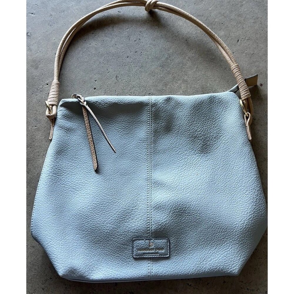 London Fog Travel Bag Houndstooth Brwn Barrel Duffle Leather Light Blue Bag